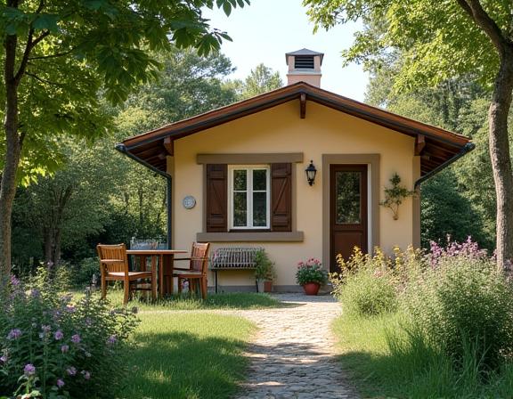 Esterno rustico de La Casetta del Bosco con giardino