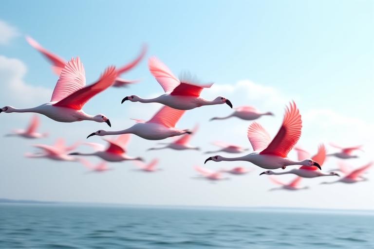 Stormo di fenicotteri rosa in volo.