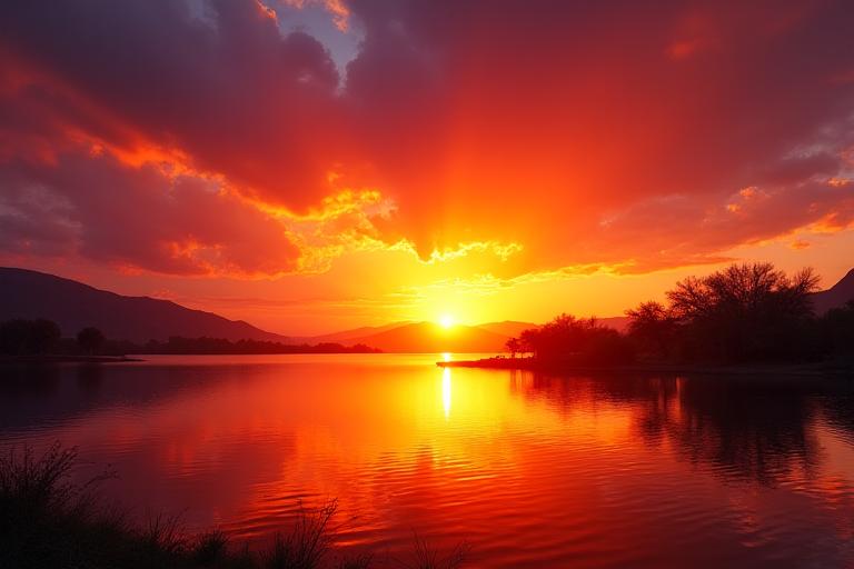 Tramonto infuocato sul lago dell'oasi.
