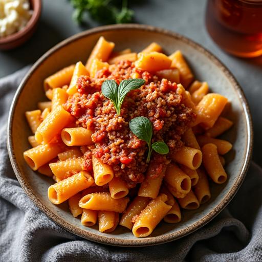 Piatto di pici fatti a mano con sugo locale.