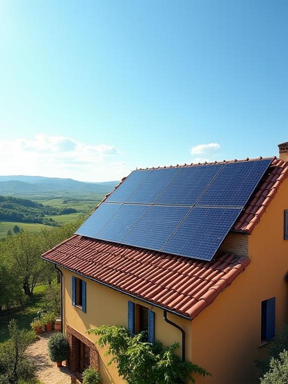 Pannelli solari installati sul tetto di un casolare toscano.
